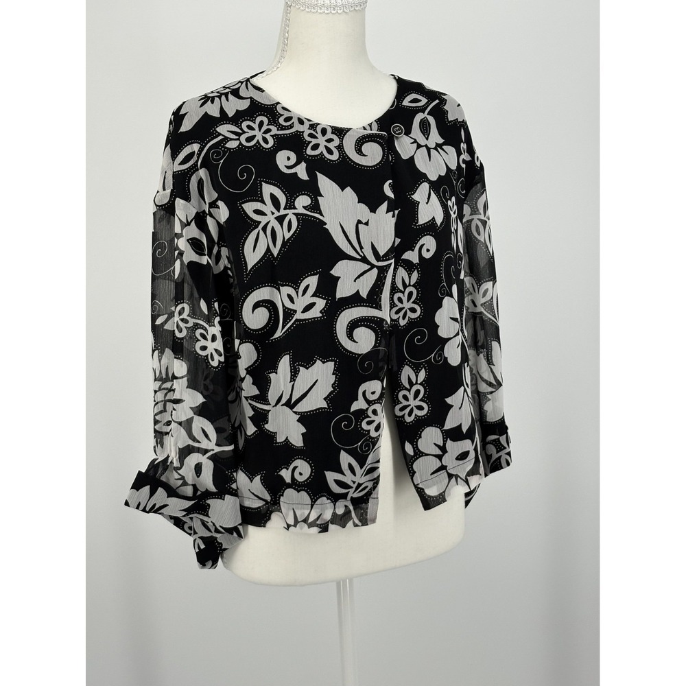 Sheer Floral Open Front Cardigan Topper Black White Bell Sleeve Womens Sz Medium